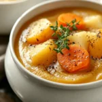 Close-up of roasted vegetable soup with carrots, potatoes, and thyme sprigs in a ceramic bowl
