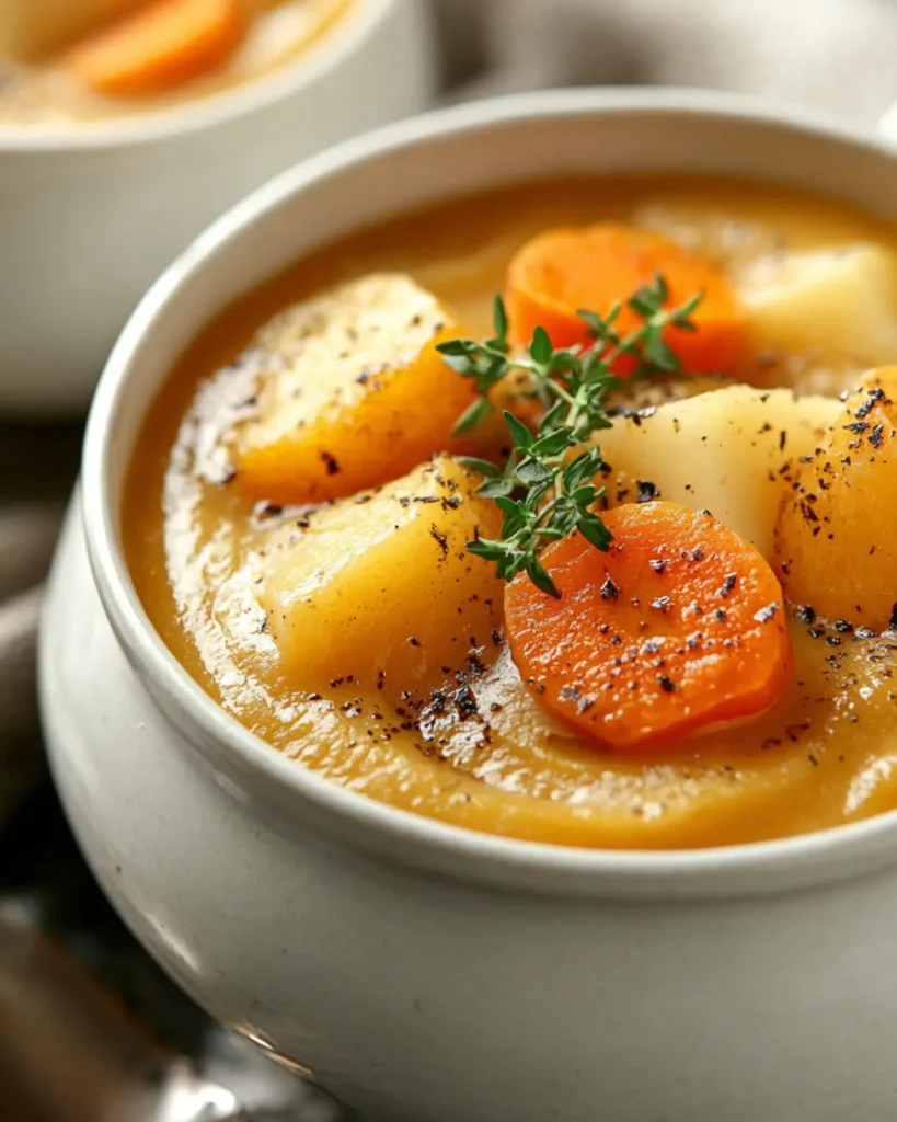 Close-up of roasted vegetable soup with carrots, potatoes, and thyme sprigs in a ceramic bowl
