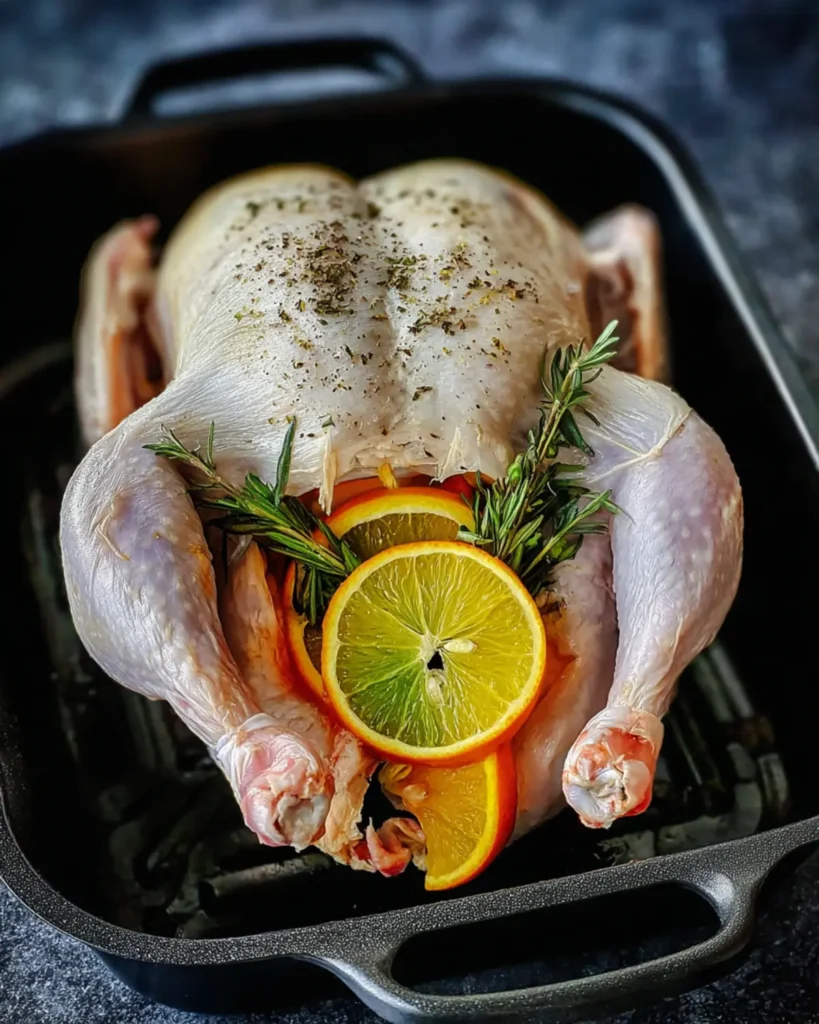 Raw whole chicken stuffed with fresh herbs and orange slices in a black roasting pan ready for the oven