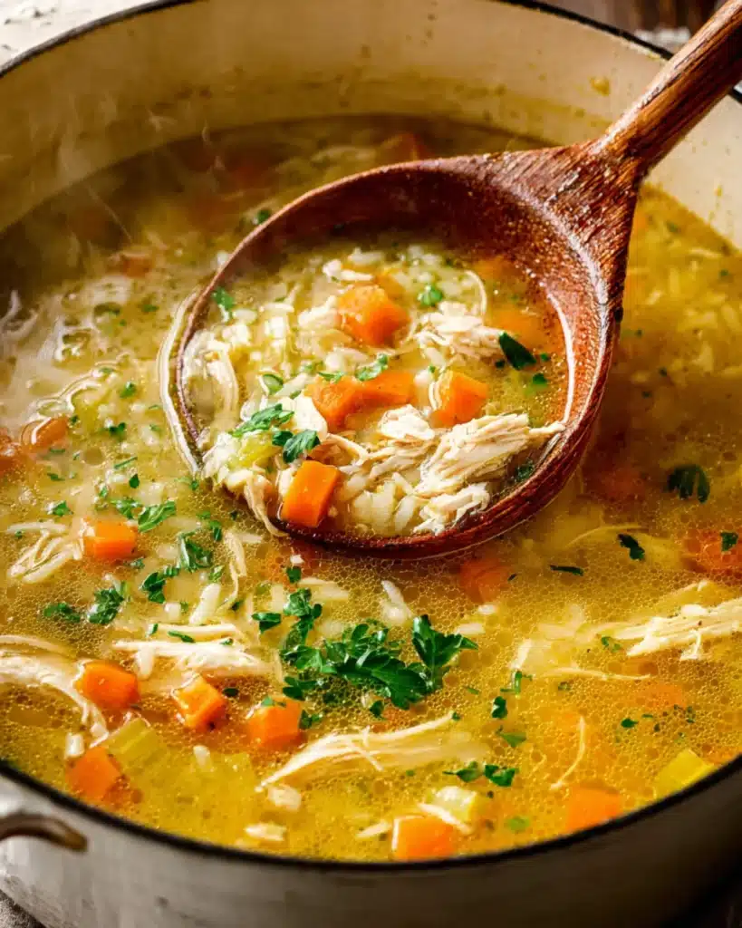 Close-up of homemade chicken and rice soup with shredded chicken, carrots, and parsley in a white pot