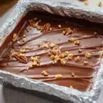 Homemade Classic Christmas Toffee topped with pecans and sea salt in foil baking tray