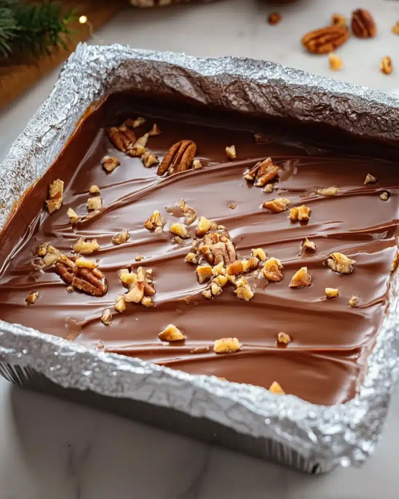 Homemade Classic Christmas Toffee topped with pecans and sea salt in foil baking tray