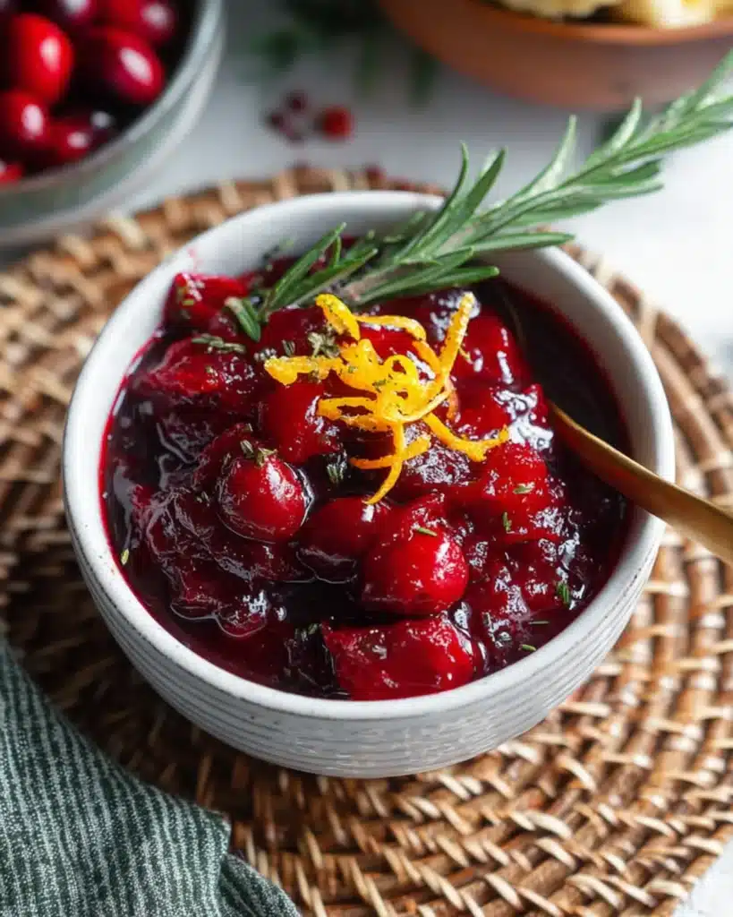Homemade cranberry sauce in a white bowl with orange zest and rosemary garnish
