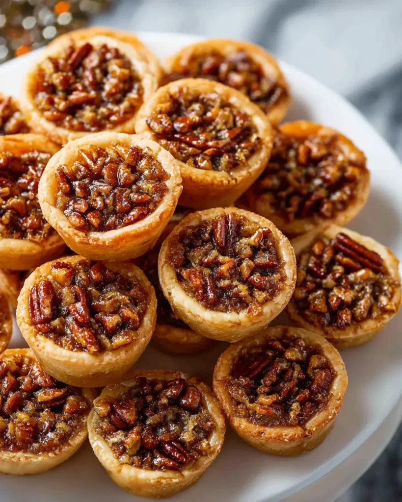 Freshly baked pecan tassies with golden crust and caramelized pecan filling on a white serving plate.