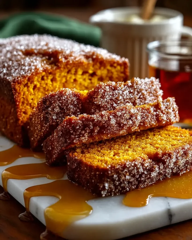 Cinnamon sugar pumpkin loaf sliced and drizzled with syrup on a marble board next to a cup of tea