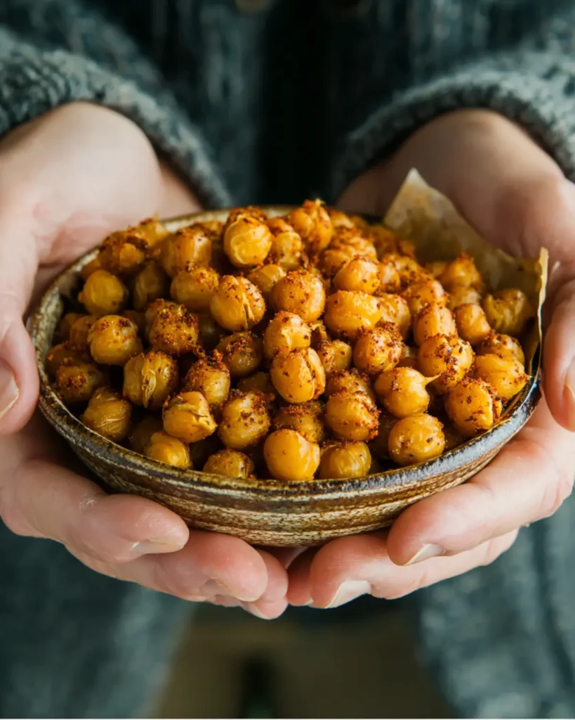 Hands holding a bowl of freshly roasted chickpeas seasoned with paprika and cumin, a cozy vegan Thanksgiving appetizer