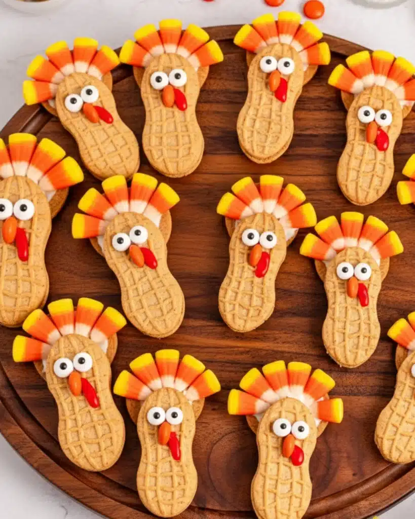 Peanut-shaped Nutter Butter turkey cookies displayed on a wooden serving tray with candy corn feathers and red icing wattles.