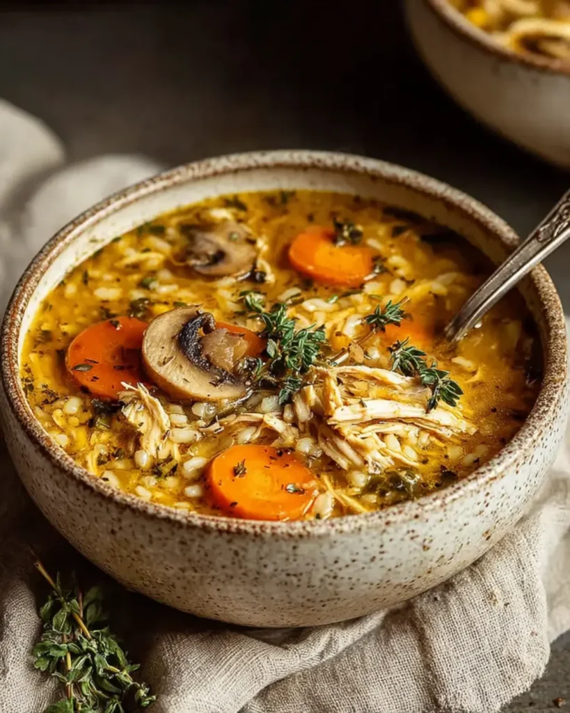 Rustic bowl of homemade turkey soup with carrots, barley, and thyme on linen cloth