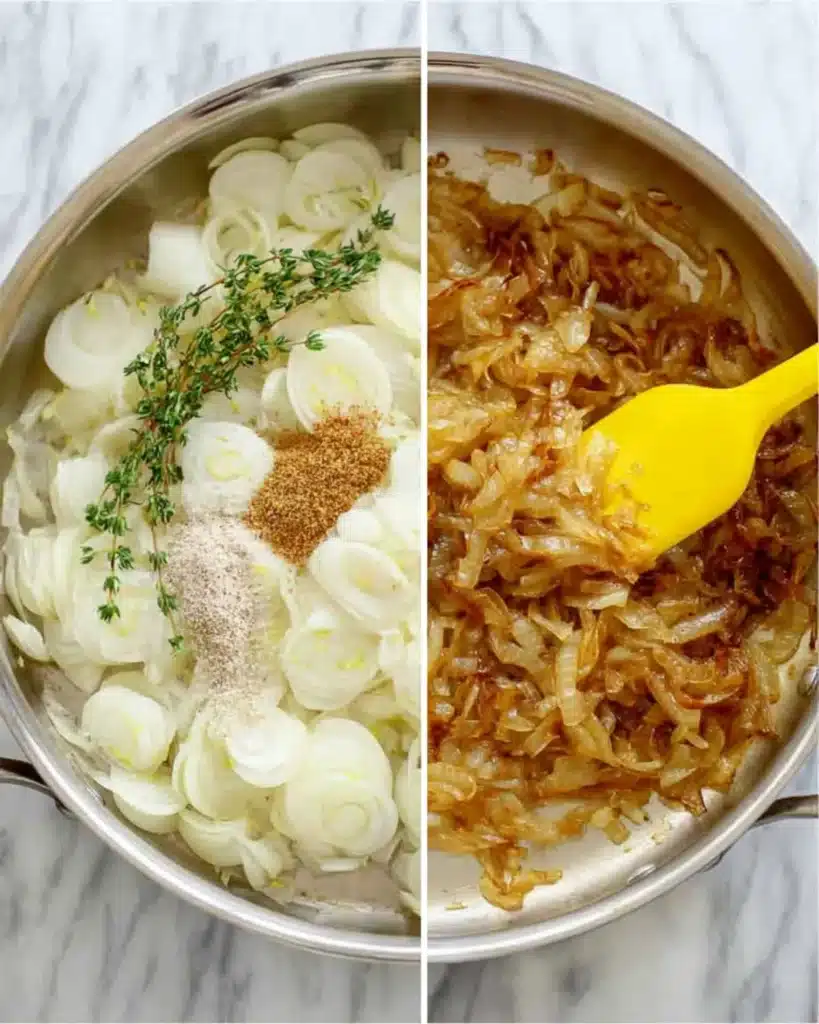 Side-by-side view of raw onions with thyme and seasonings transforming into golden caramelized onions