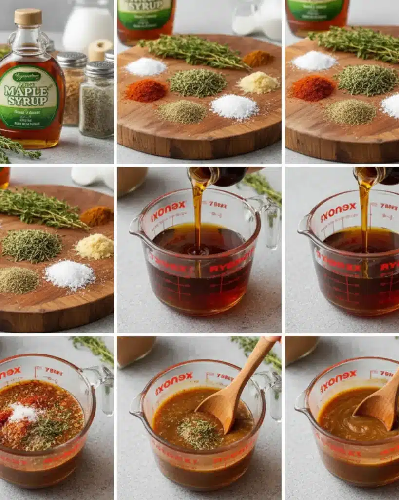 Maple syrup, herbs, and spices arranged for making homemade maple glaze for Thanksgiving turkey.