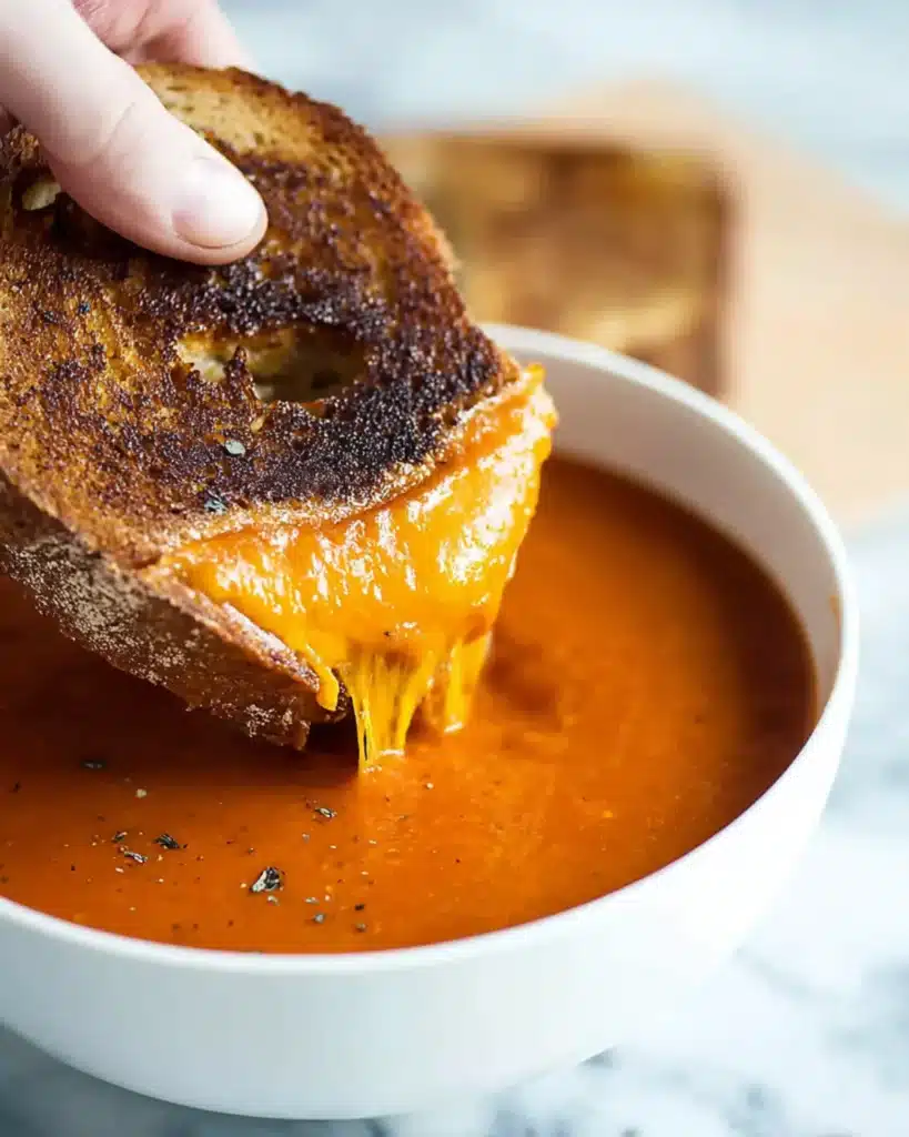 Hand dipping a crispy grilled cheese sandwich with melted cheddar into a bowl of creamy homemade tomato soup for lunch.