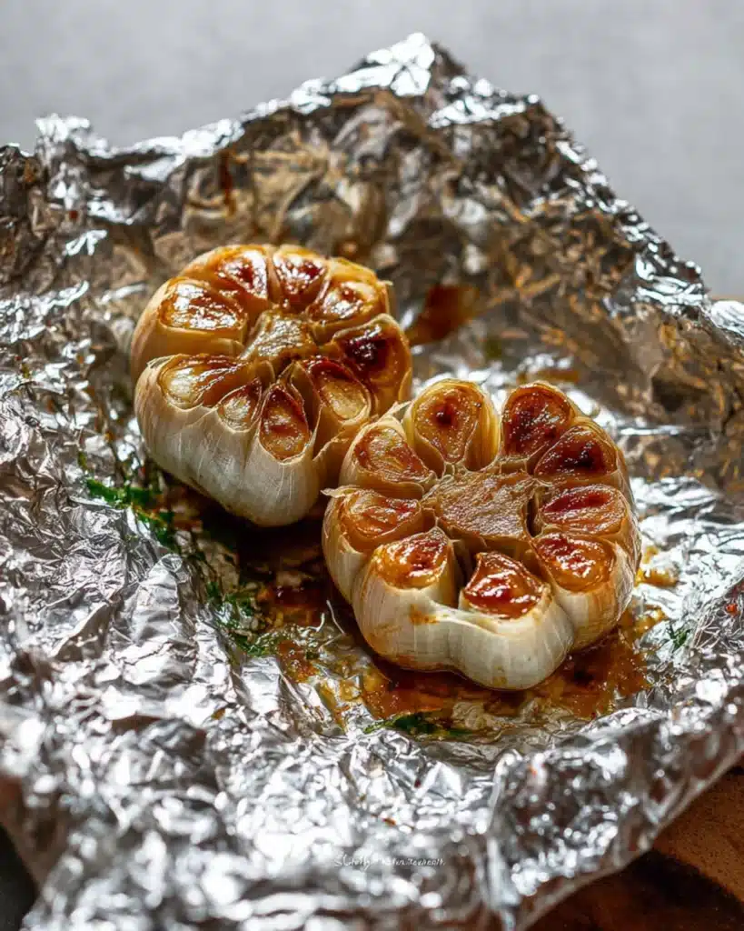Golden roasted garlic cloves caramelized in foil, perfect for creamy mascarpone mashed potatoes