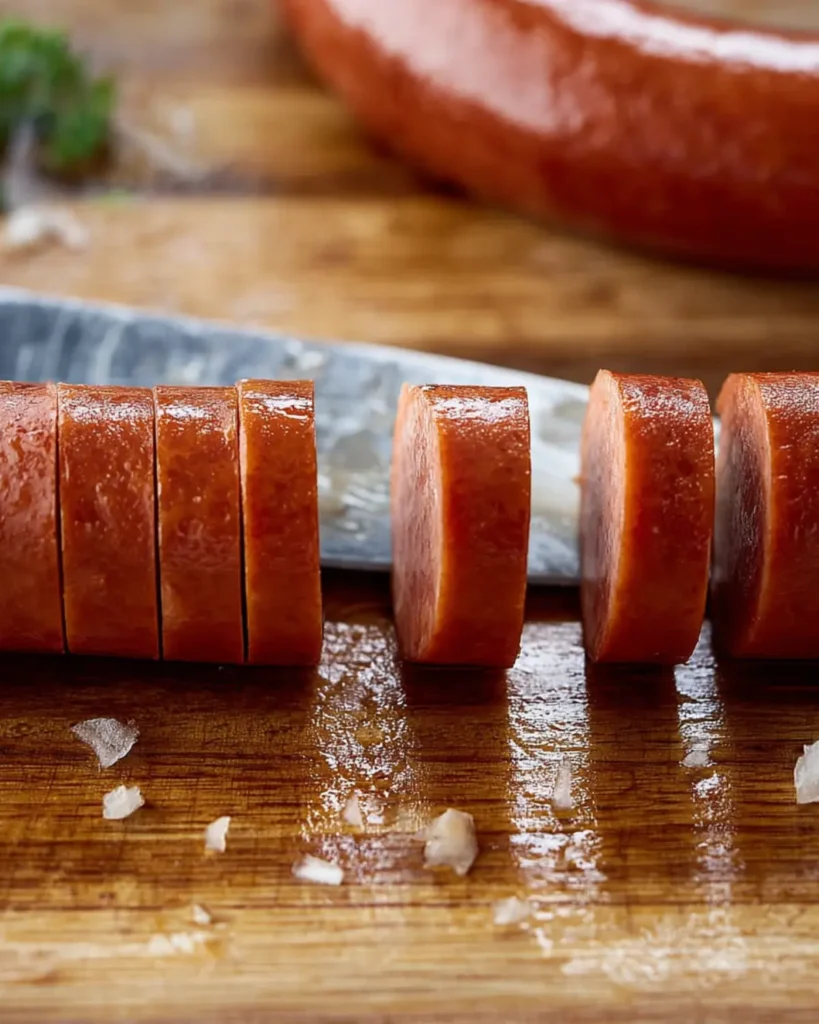Kielbasa sausage being sliced hasselback-style on a wooden cutting board with a sharp kitchen knife for the Maple BBQ Kielbasa Bites recipe.