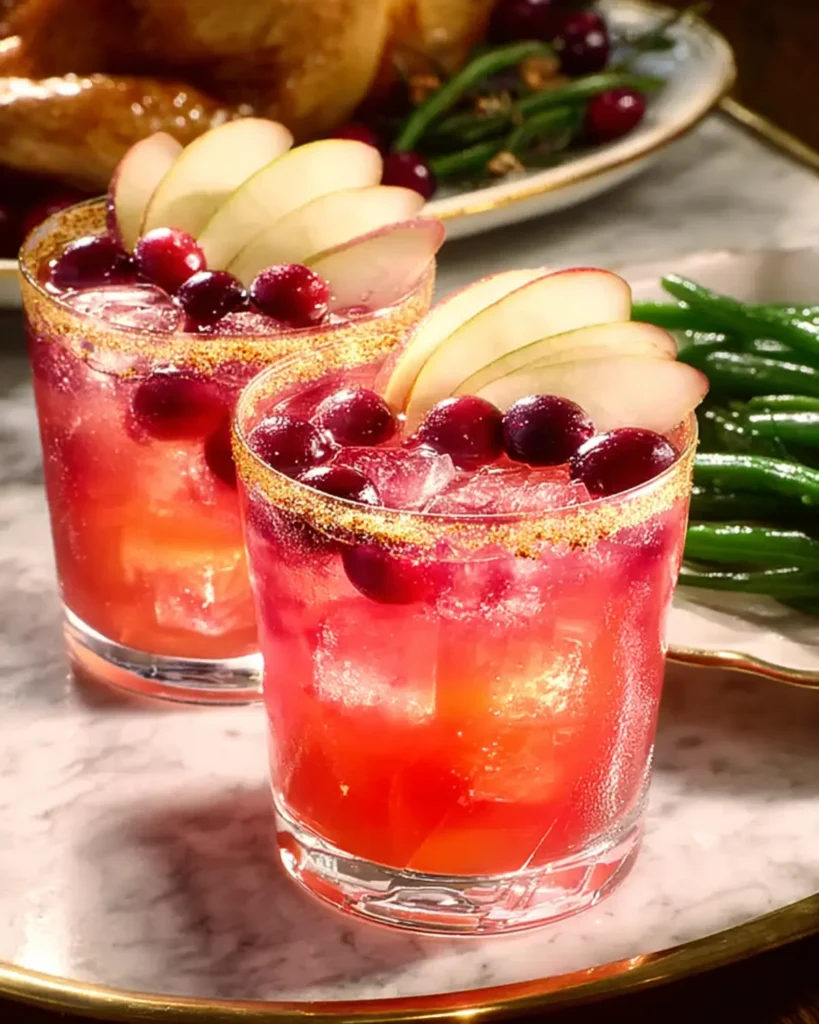 Thanksgiving Margarita cocktail with cranberries and apple slices on a marble table, garnished with a cinnamon sugar rim