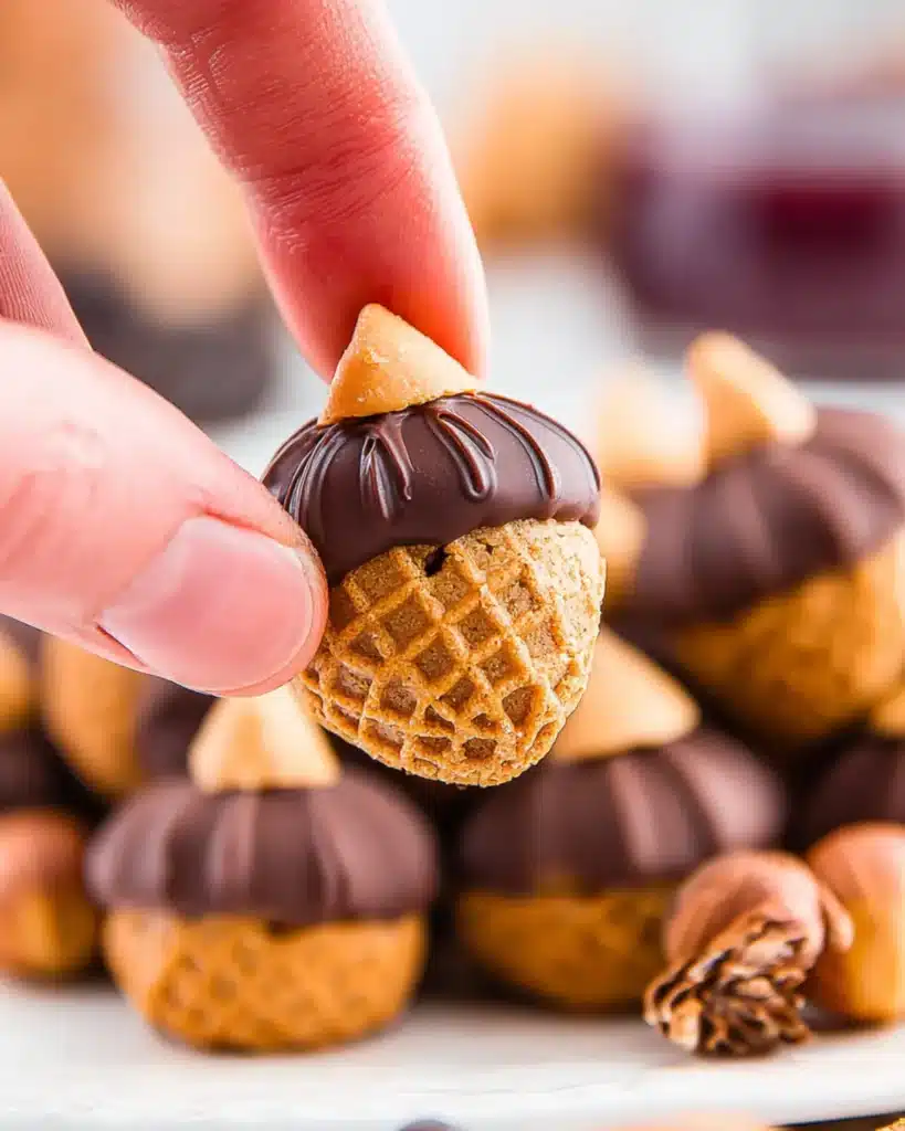 Close-up of hand holding a no-bake Acorn Cookie made with chocolate and peanut butter chips.