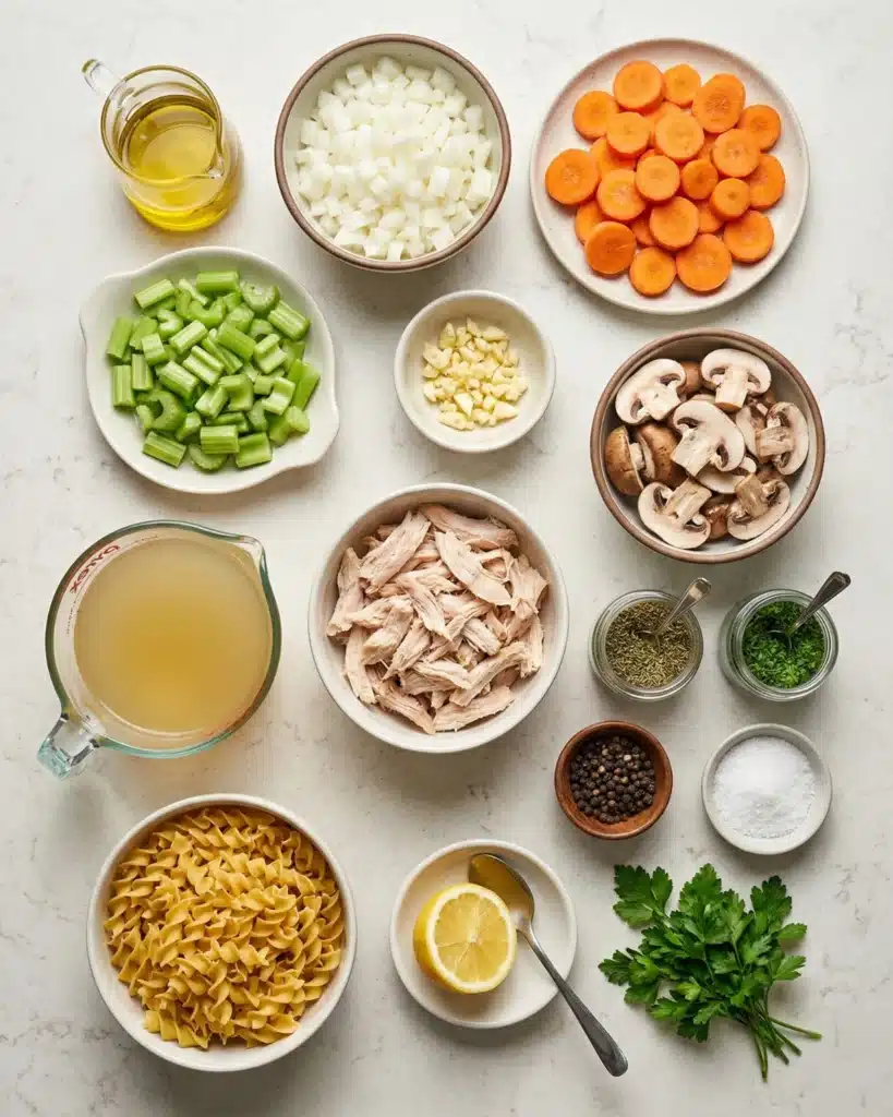 Flat lay of turkey soup ingredients including broth, carrots, celery, onions, garlic, noodles, and herbs on wooden surface