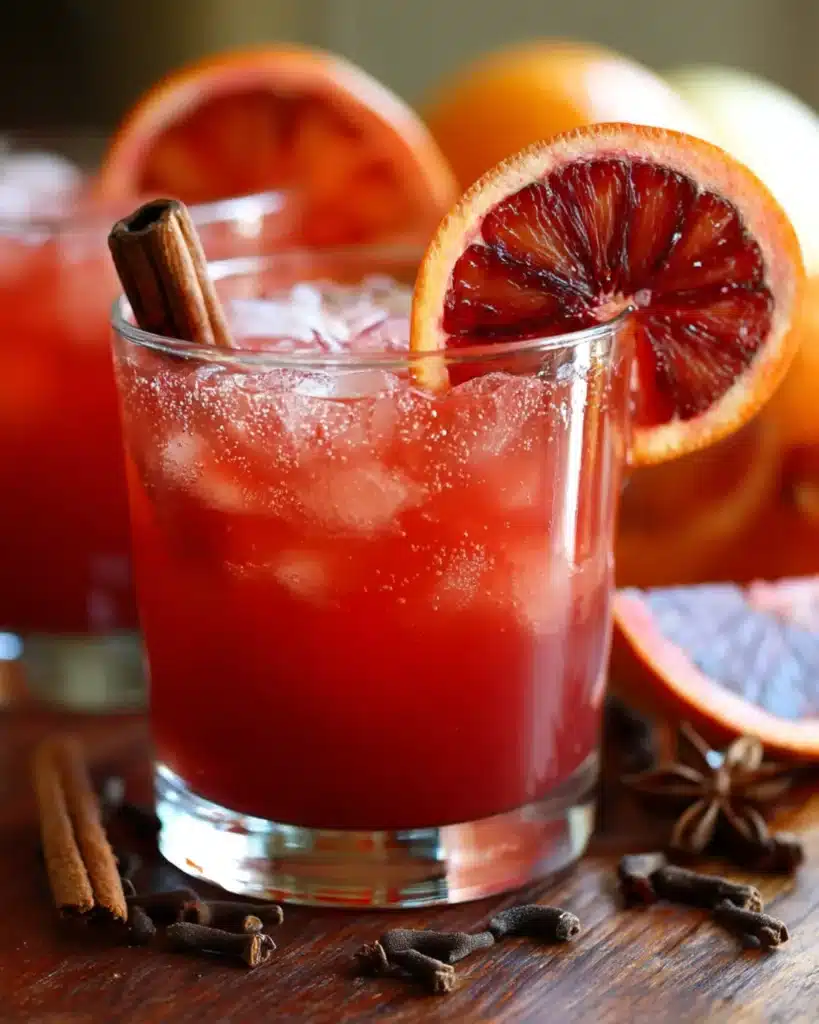Glasses of witches brew punch made with blood orange juice, cinnamon sticks, and ice cubes on a rustic wooden table, perfect for Halloween or Thanksgiving.