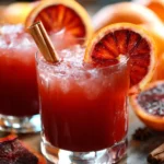 Glasses of witches brew punch made with blood orange juice, cinnamon sticks, and ice cubes on a rustic wooden table, perfect for Halloween or Thanksgiving.