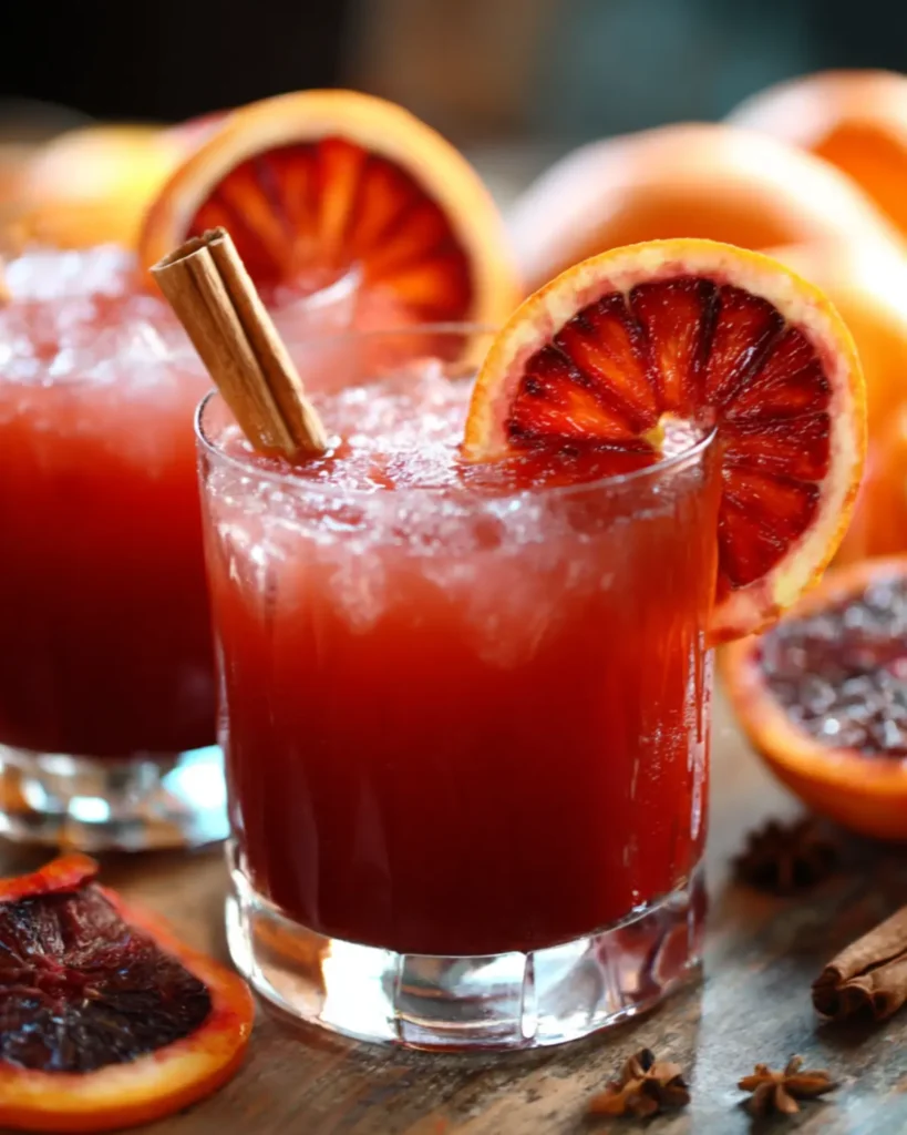 Glasses of witches brew punch made with blood orange juice, cinnamon sticks, and ice cubes on a rustic wooden table, perfect for Halloween or Thanksgiving.
