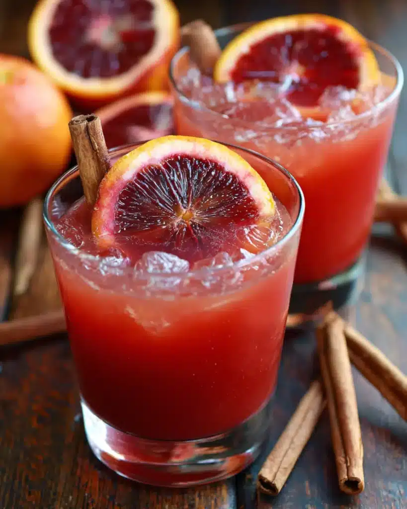 Glasses of witches brew punch made with blood orange juice, cinnamon sticks, and ice cubes on a rustic wooden table, perfect for Halloween or Thanksgiving.