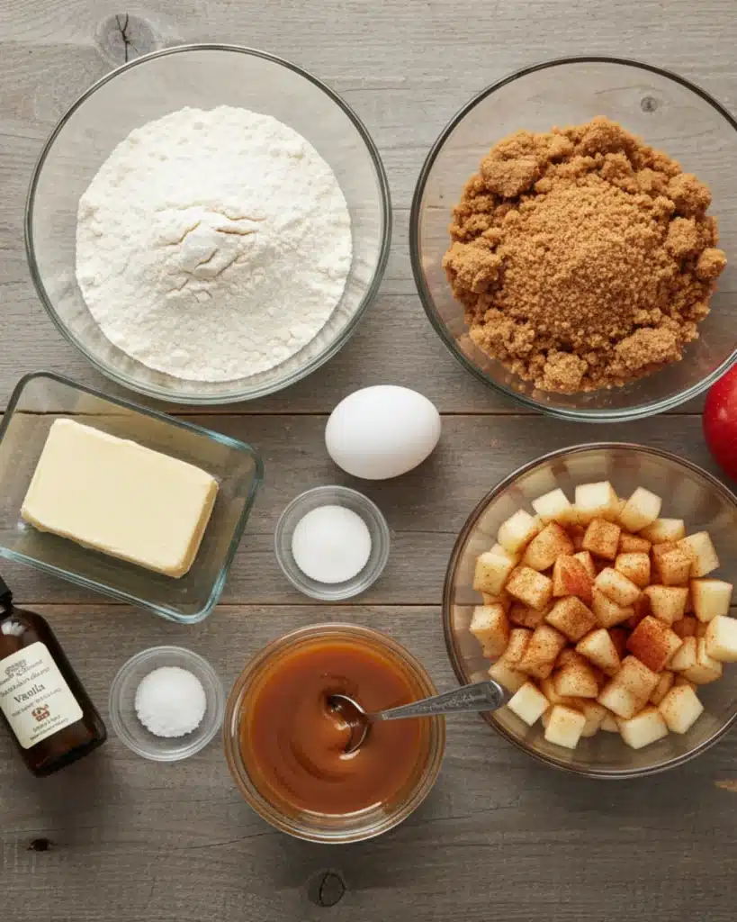 Flat lay of caramel apple cookie ingredients including flour, brown sugar, butter, egg, apples, and caramel sauce