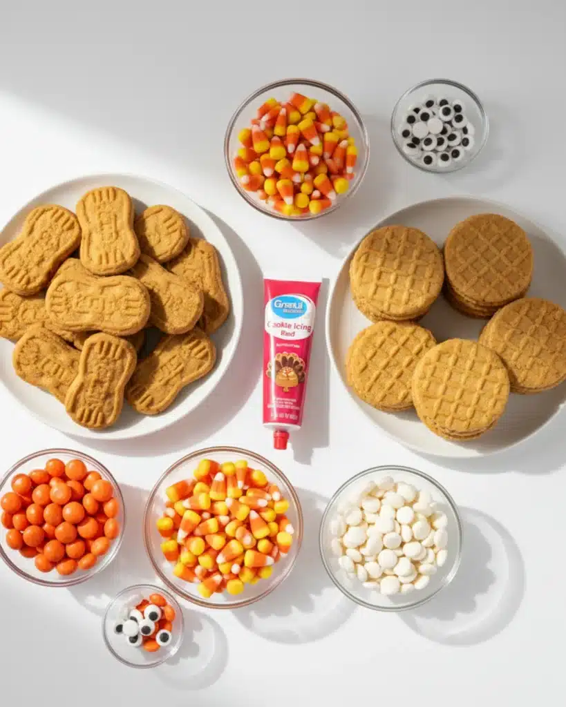 Flat lay of Nutter Butter cookies, round cookies, candy corn, candy eyes, orange candies, white candy melts, and red cookie icing.