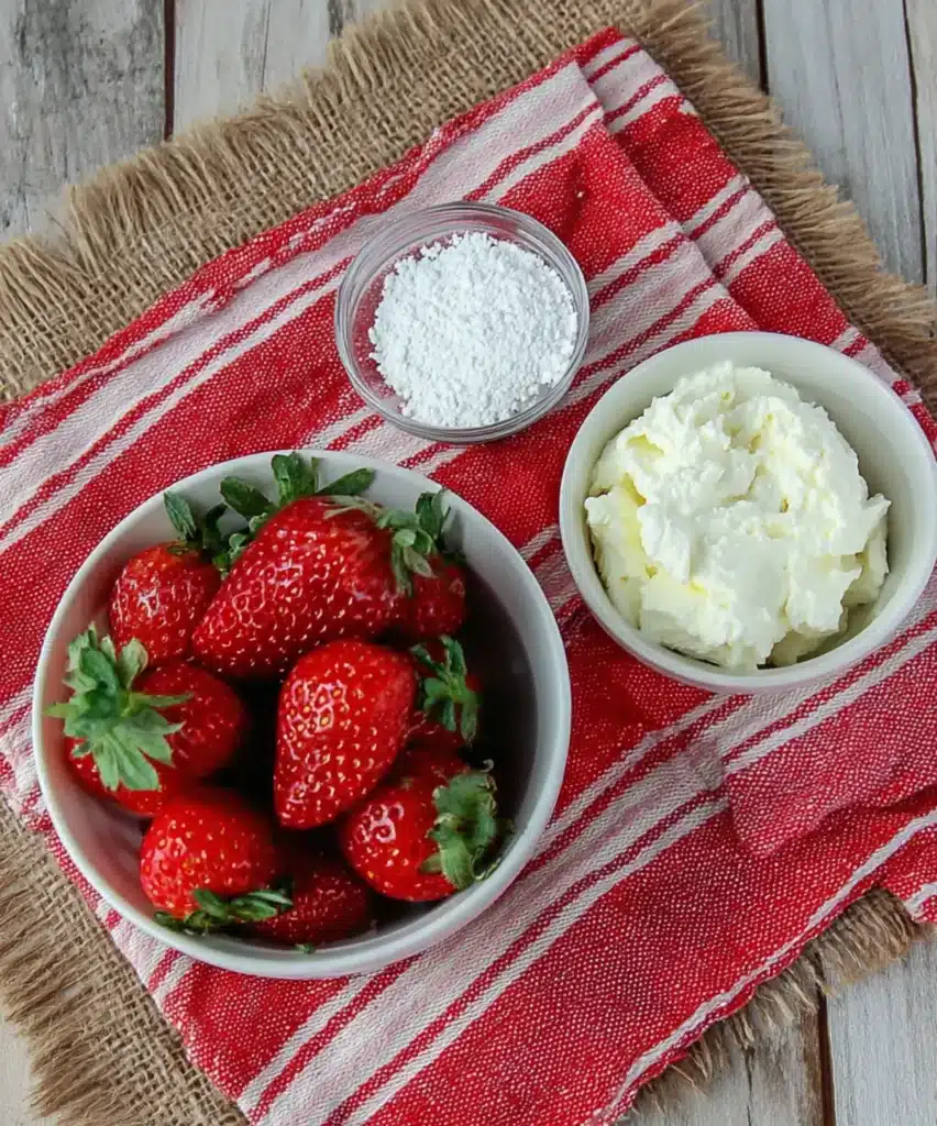 Overhead shot of fresh strawberries, powdered sugar, and whipped cream cheese on a red-striped cloth.