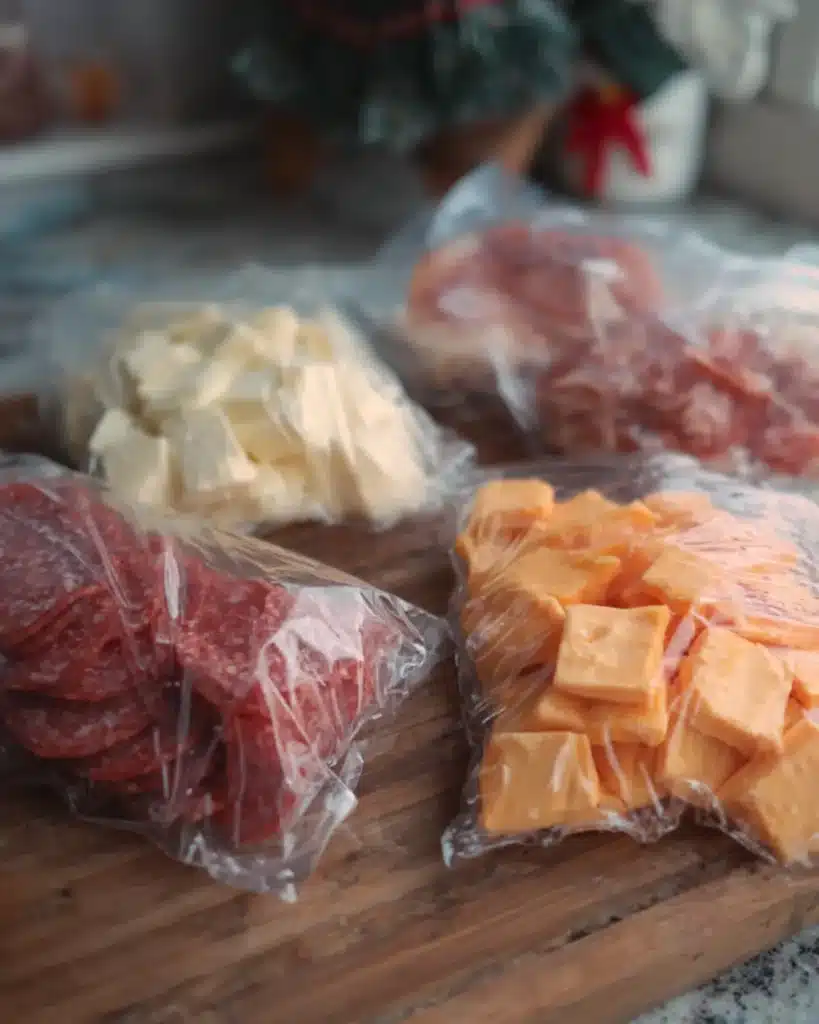 Sliced cheese and pepperoni packed in plastic bags for a Santa cheese board on a kitchen counter