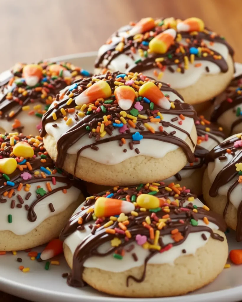 Close-up of Irresistible Thanksgiving Cookies with icing, candy corn, and chocolate drizzle