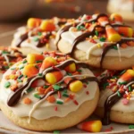Festive Irresistible Thanksgiving Cookies decorated with candy corn, chocolate drizzle, and colorful sprinkles