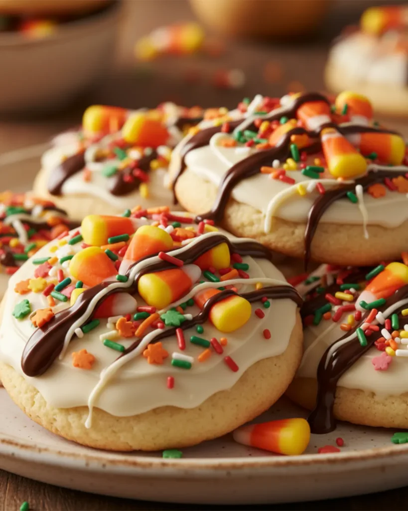 Festive Irresistible Thanksgiving Cookies decorated with candy corn, chocolate drizzle, and colorful sprinkles