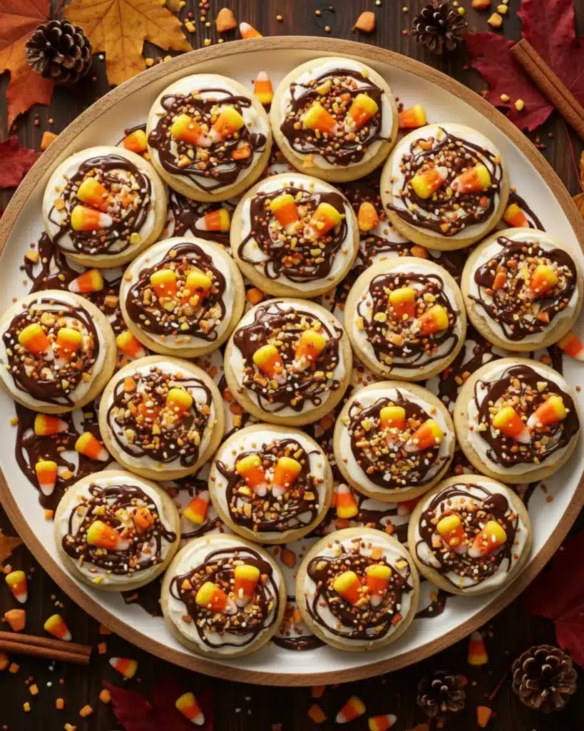 Plate of Irresistible Thanksgiving Cookies with chocolate drizzle and candy corn on a fall-themed table