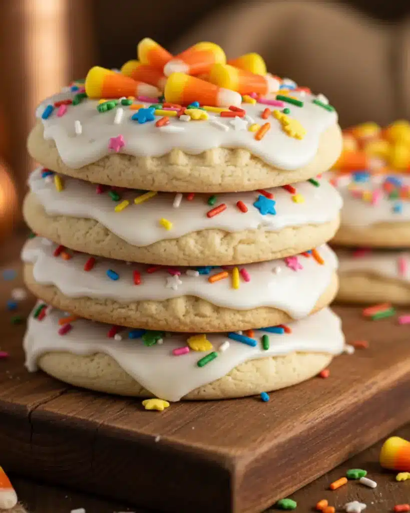 Stack of Irresistible Thanksgiving Cookies with icing, candy corn, and rainbow sprinkles on a wooden board