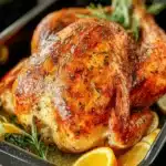 Roasted whole chicken with rosemary and orange slices in a black roasting pan
