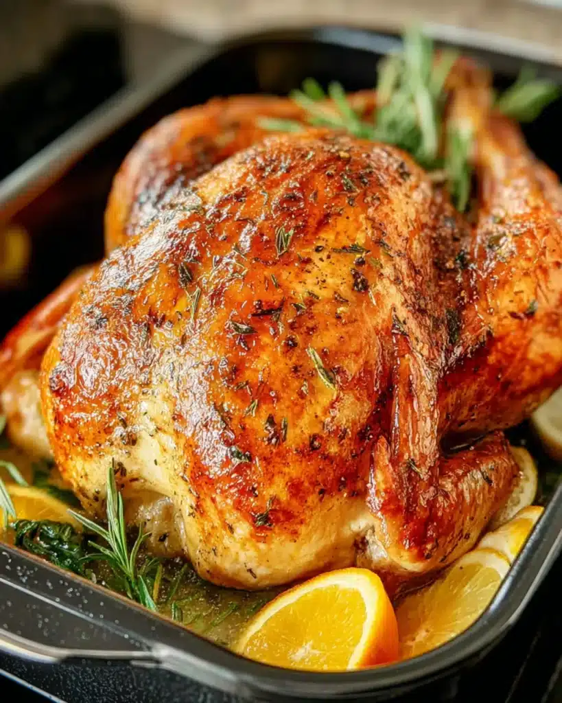 Roasted whole chicken with rosemary and orange slices in a black roasting pan