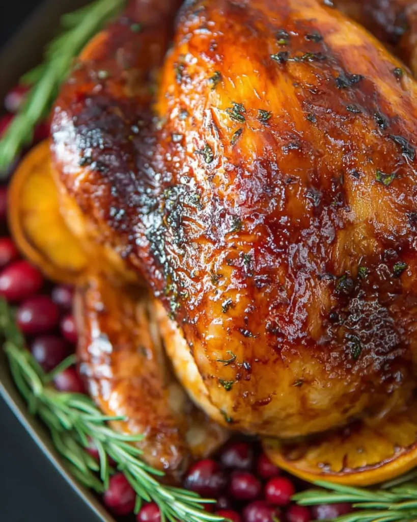 Close-up of golden maple-glazed turkey surrounded by cranberries and rosemary, ready to serve for Thanksgiving.