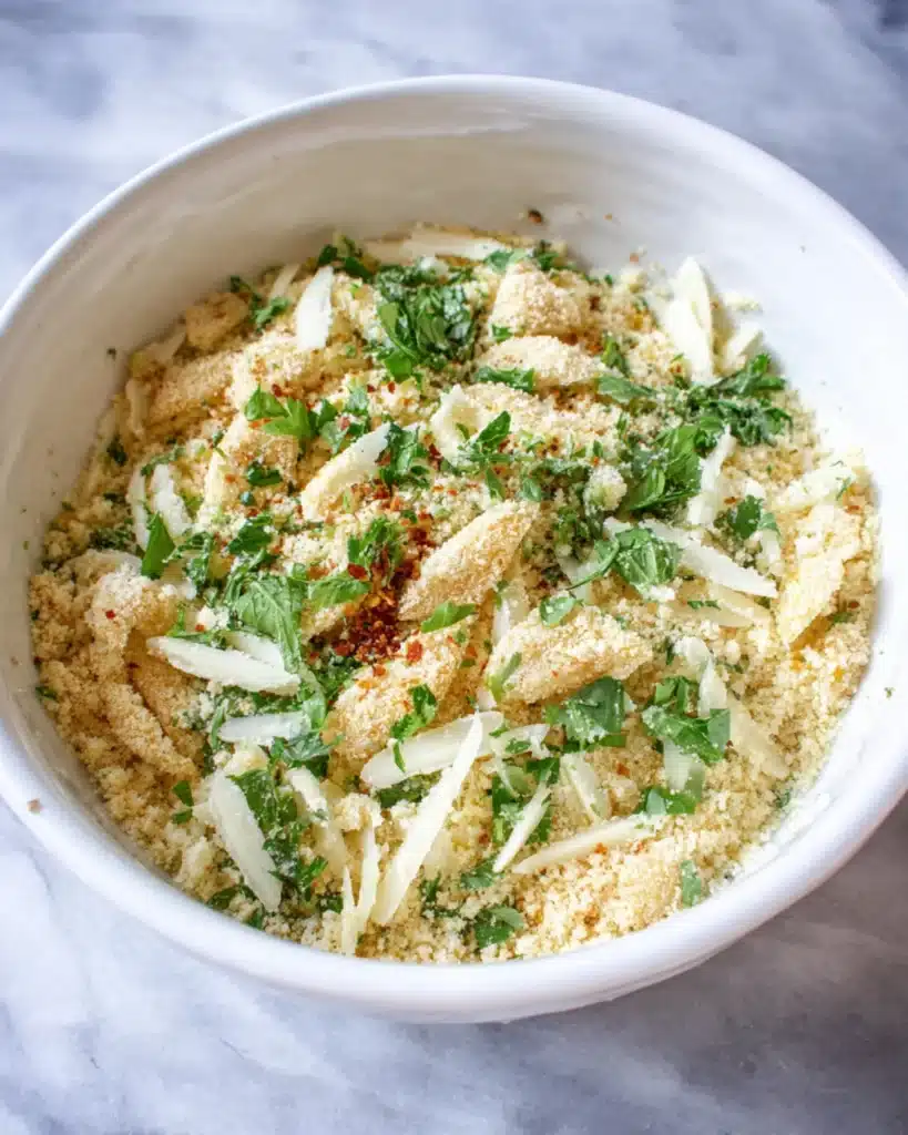 Breadcrumb, parsley, garlic, and cheese filling mixture in a white bowl for Braciole with Tomato Sauce.