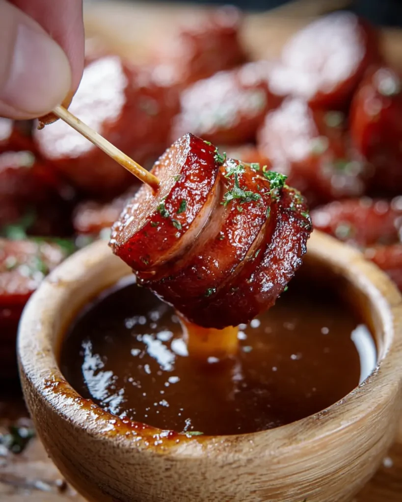 Close-up of a maple BBQ hasselback kielbasa bite on a toothpick being dipped into a bowl of rich maple barbecue sauce.