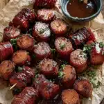 Maple BBQ Hasselback Kielbasa Bites glazed with smoky maple barbecue sauce, garnished with parsley, served on parchment with dipping sauce.
