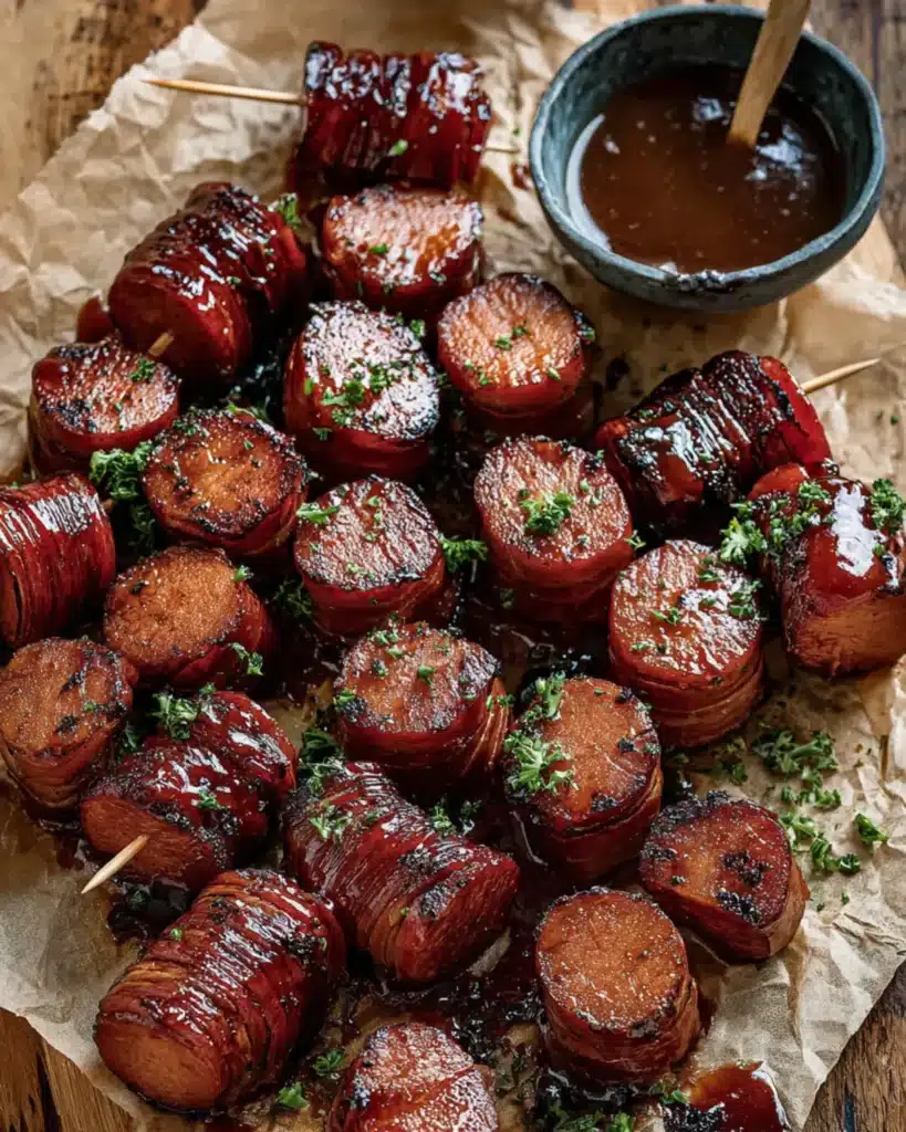 Maple BBQ Hasselback Kielbasa Bites glazed with smoky maple barbecue sauce, garnished with parsley, served on parchment with dipping sauce.