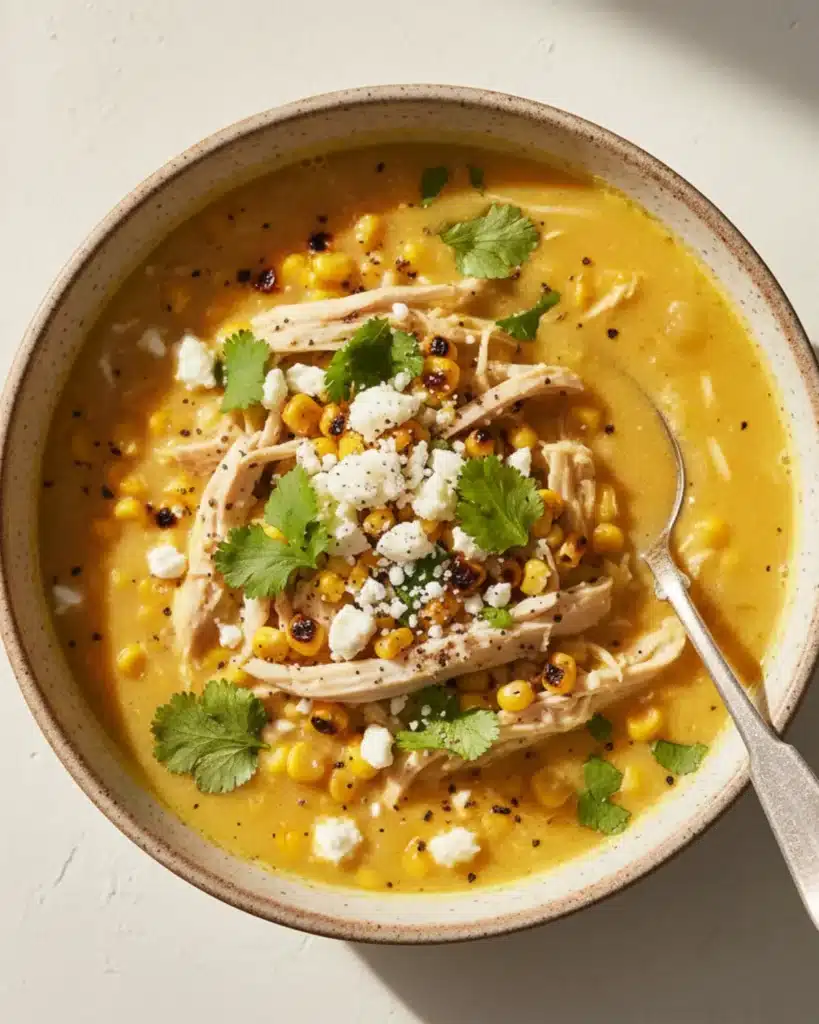 Bowl of creamy Mexican Street Corn Soup with Chicken topped with queso fresco, cilantro, and roasted corn.