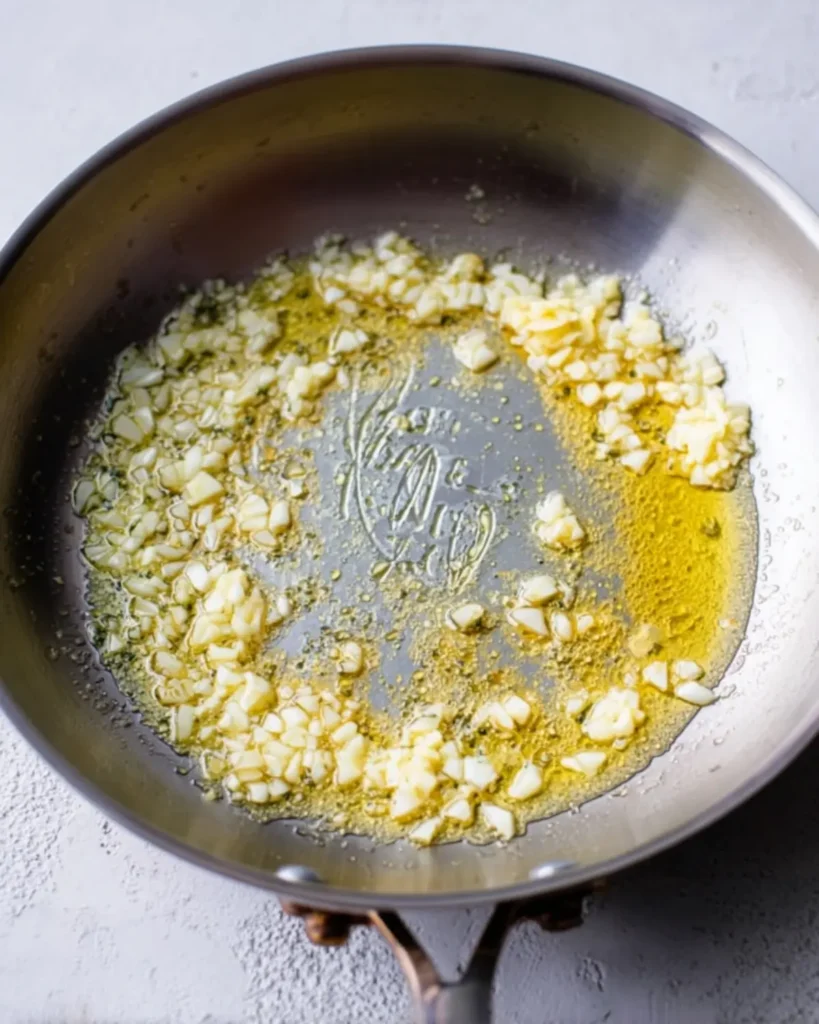 Minced garlic sizzling in melted butter inside a stainless steel skillet
