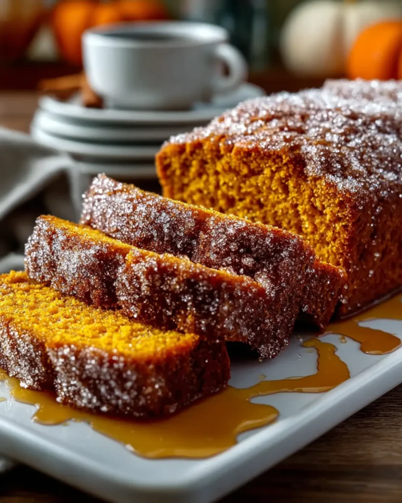 Sliced cinnamon sugar pumpkin bread with golden crust and syrup drizzle on a white platter