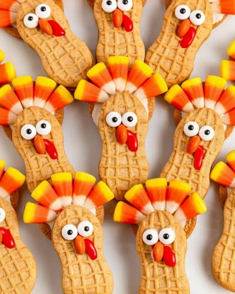 Peanut-shaped Nutter Butter turkey cookies decorated with candy corn feathers, candy eyes, and red icing on a white background.