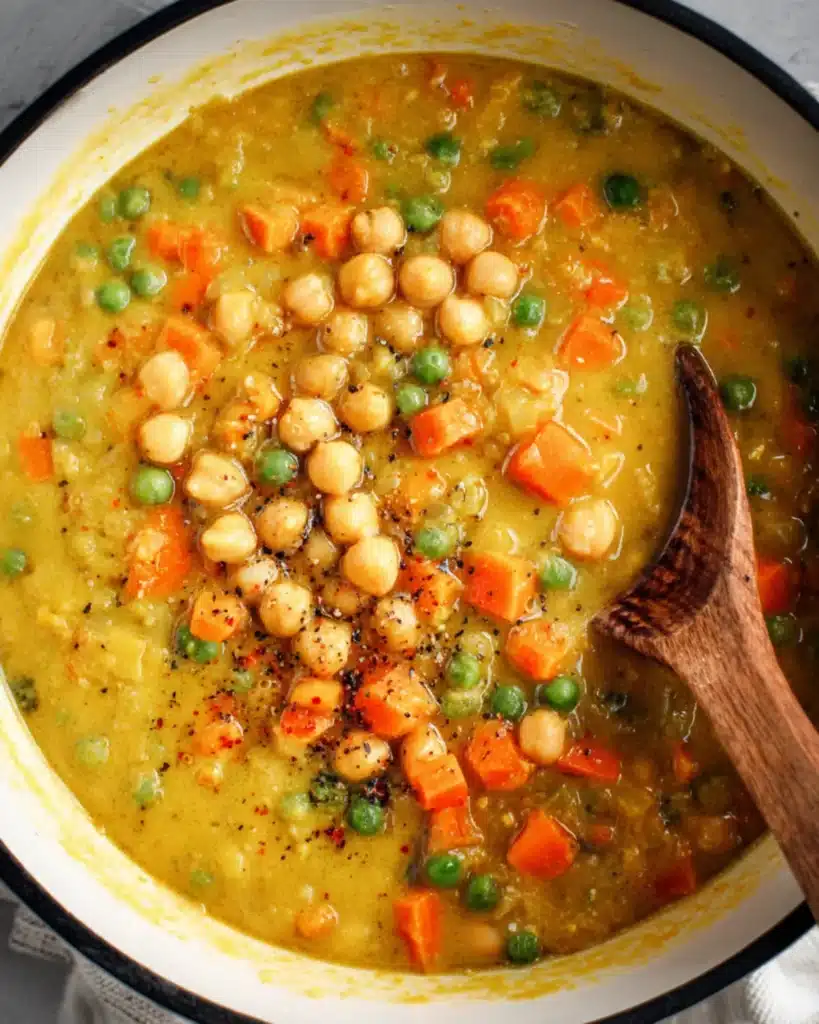 One-pot creamy vegetable soup simmering with chickpeas, carrots, and peas in a white pot with a wooden spoon.