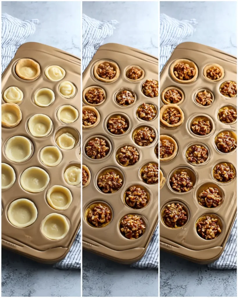 Mini muffin pan showing pecan tassies being assembled and baked to golden perfection.