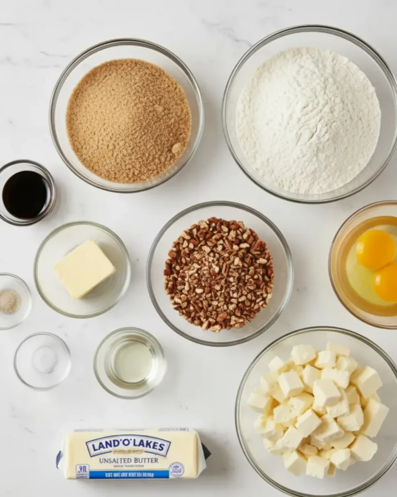 Overhead view of ingredients for pecan tassies including brown sugar, flour, eggs, butter, pecans, and cream cheese.