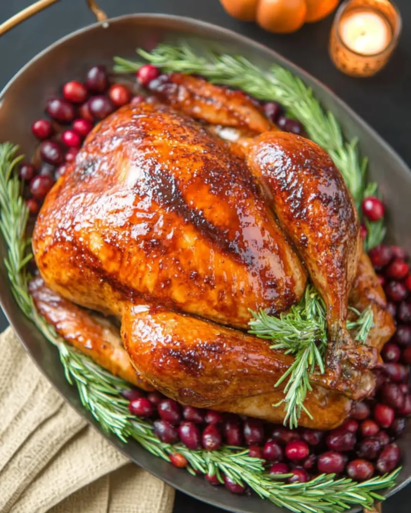 Golden brown maple-glazed Thanksgiving turkey surrounded by fresh rosemary and cranberries on a festive serving platter.