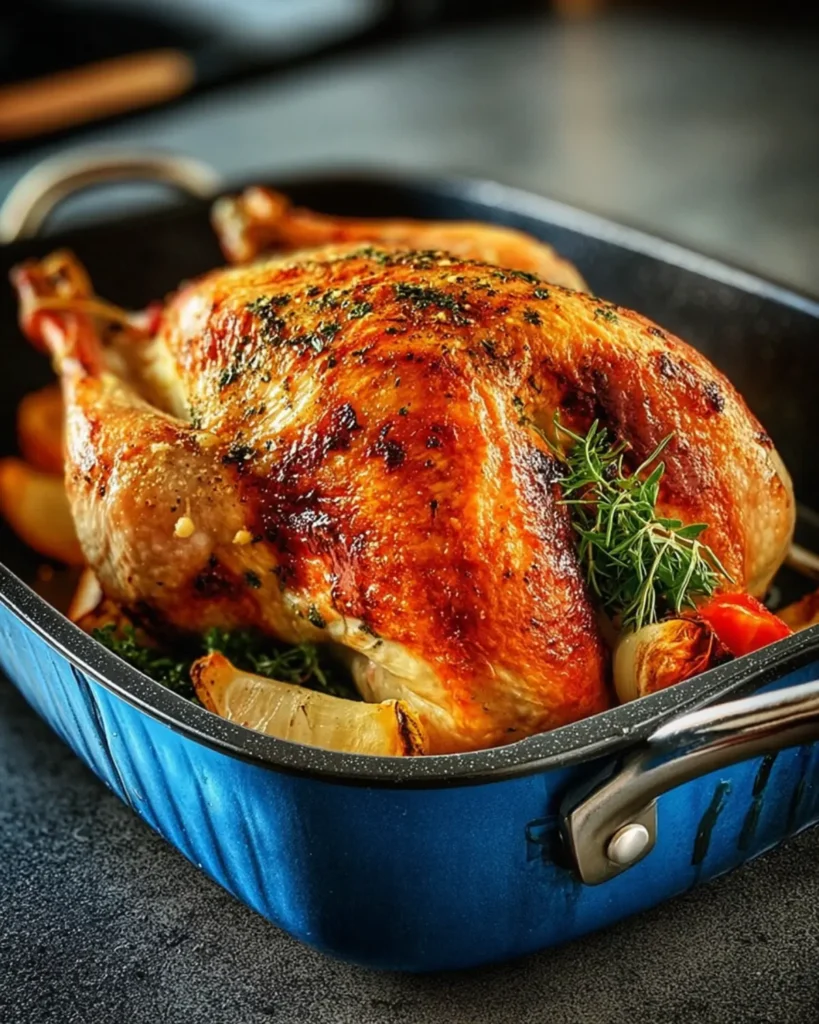 Golden roasted chicken with herbs and vegetables in a blue roasting pan