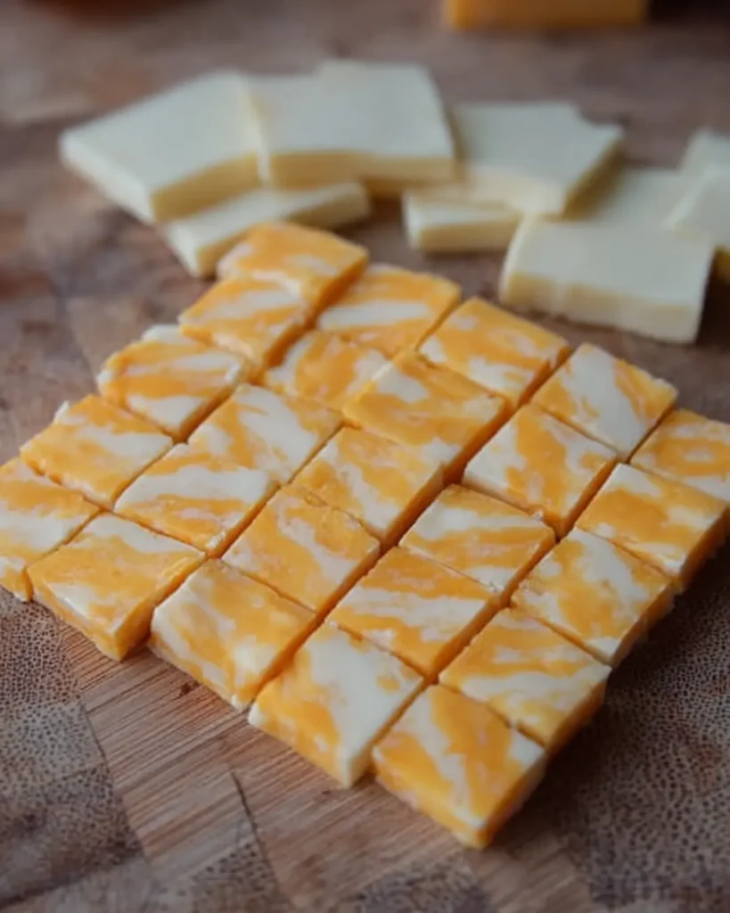 Cubes of Colby Jack and white cheddar cheese prepared for a Santa cheese board on a wooden surface